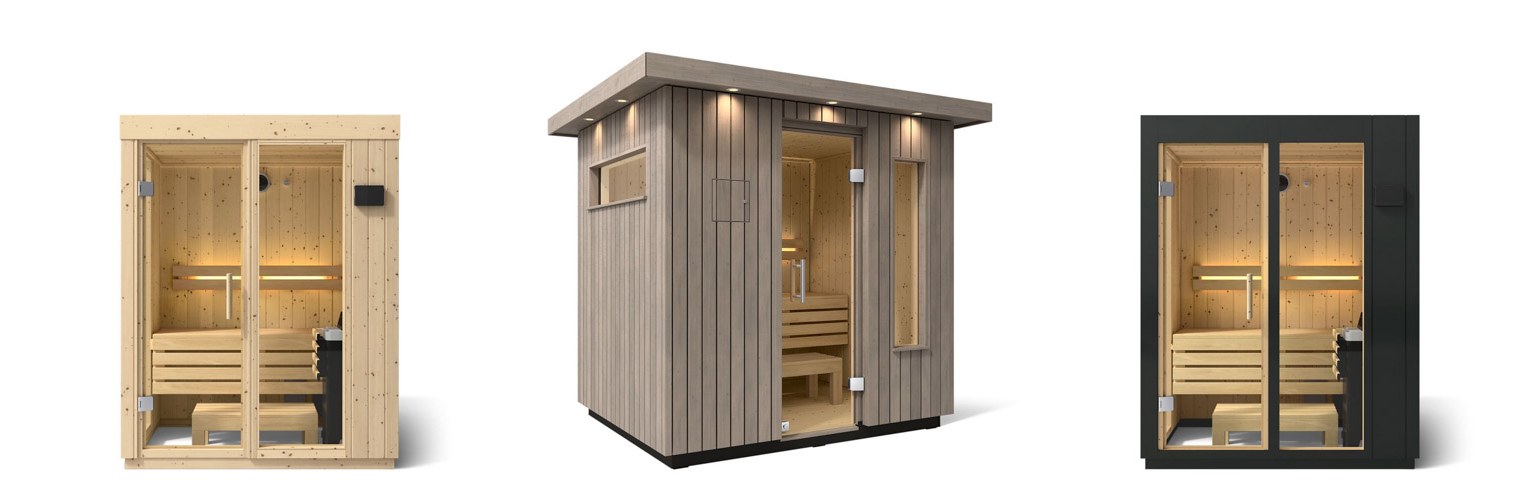 KOHLER C1 indoor sauna in Scandinavian Spruce, C2 outdoor sauna in Weathered Grey Spruce and C1 indoor sauna in Graphite Grey