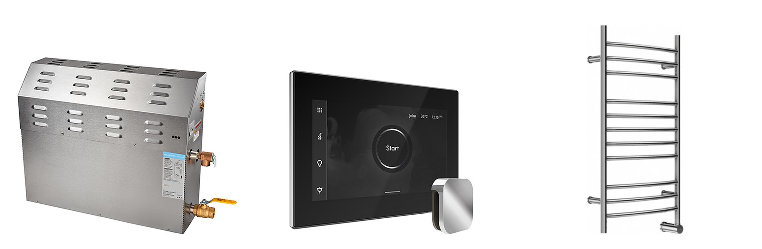 Mr.Steam MAX steam shower generator, iSteamX control and Metro electric towel warmer