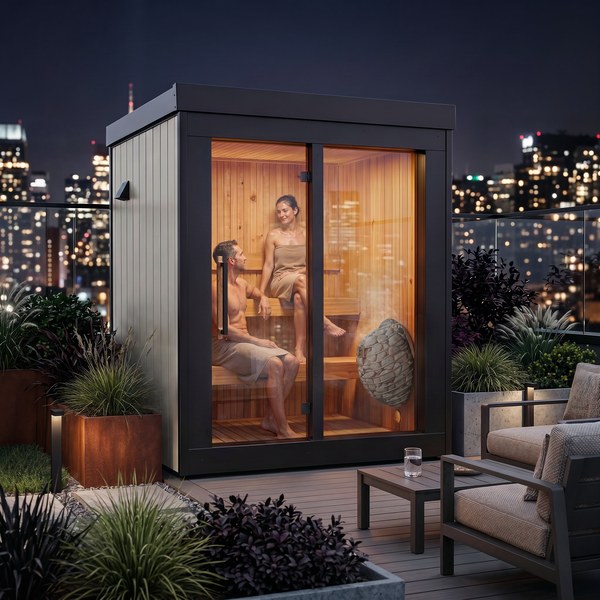 Astra Mini sauna with glass front, cedar interior and heater (sold separately) on a rooftop deck at night.
