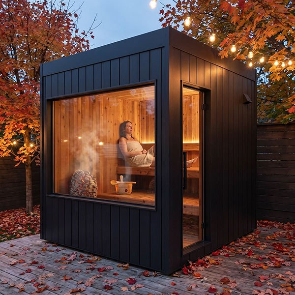 Astra Max sauna with black cladding, large front window and heater (sold separately) in an autumn setting.