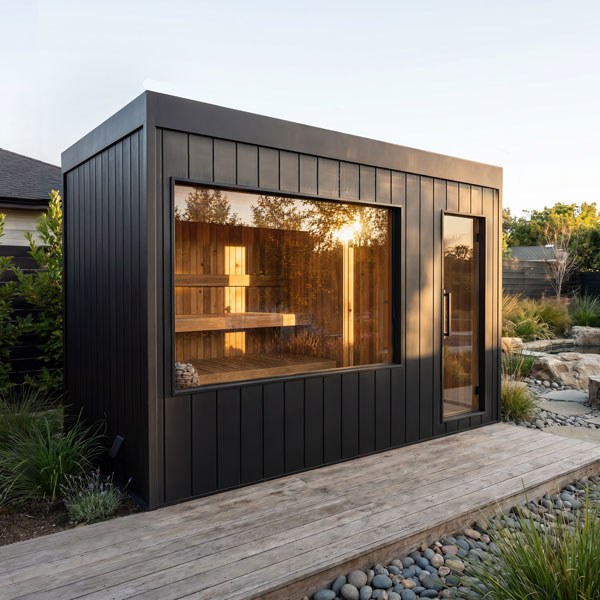 Astra Max with Changeroom Sauna with dark exterior cladding, a large window and a glass door beside a wood deck.