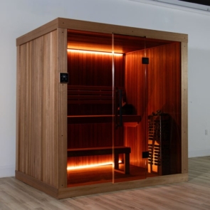 Element Studio indoor sauna with wood exterior, full glass front, optional lighting and heater (sold separately).
