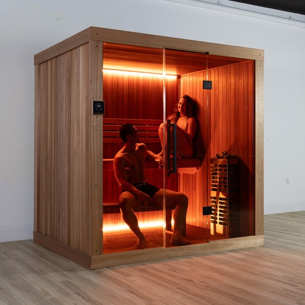 Element Studio indoor sauna with two people, glass front, optional lighting and heater (sold separately).