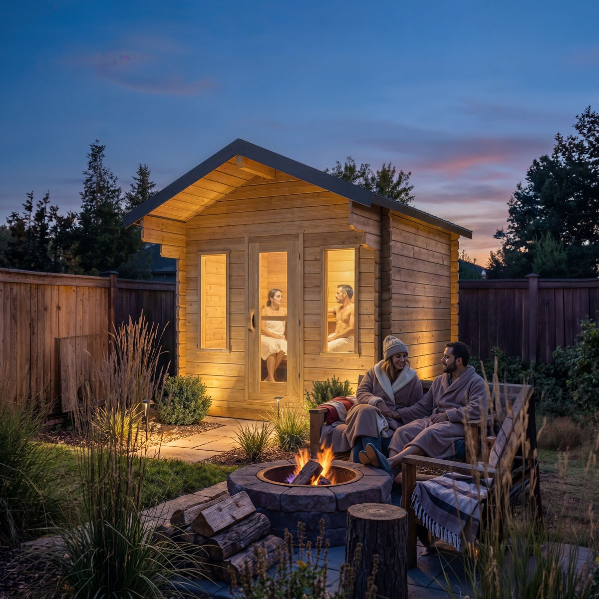 Palmer Cabin Sauna at dusk with optional lighting and a fire pit in front